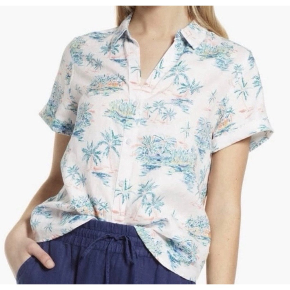 Tommy Bahama Village L 100% Linen Tropical Palm Short Sleeve Button Down Shirt